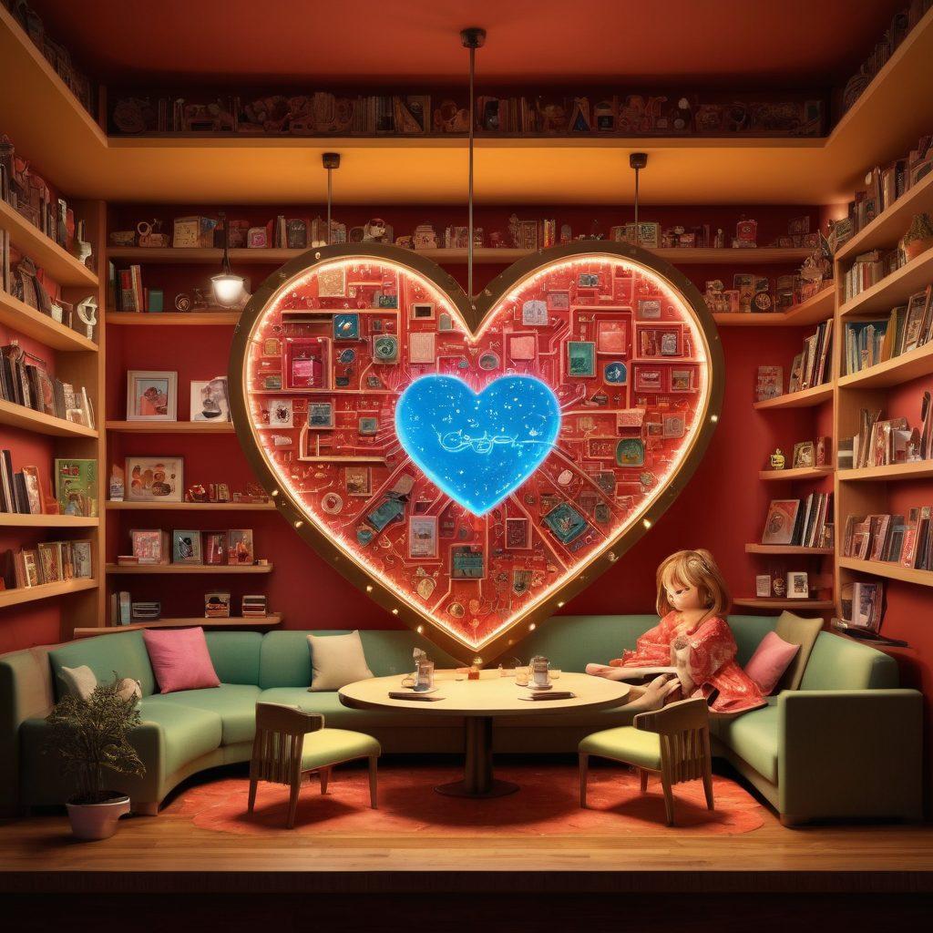 A heart made of circuit board patterns intertwined with colorful kawaii characters representing different geek cultures, such as gaming, anime, and comic books. Background features a cozy café scene with soft lighting and bookshelves filled with geek memorabilia. Include subtle symbols of affection like hearts and stars around the characters. whimsical and cute. vibrant colors. 3D.