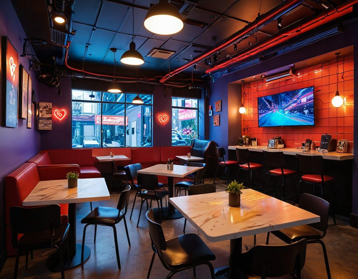 A whimsical scene capturing a cozy tech-themed café where couples discuss gadgets and gaming. Include heart-shaped holograms above tables and retro gaming consoles lining the walls. Soft, warm lighting with a futuristic touch, featuring diverse couples engaged in affectionate interactions. Elements of geek culture like comic books and tech devices scattered throughout. cyberpunk. vibrant colors. super-realistic.
