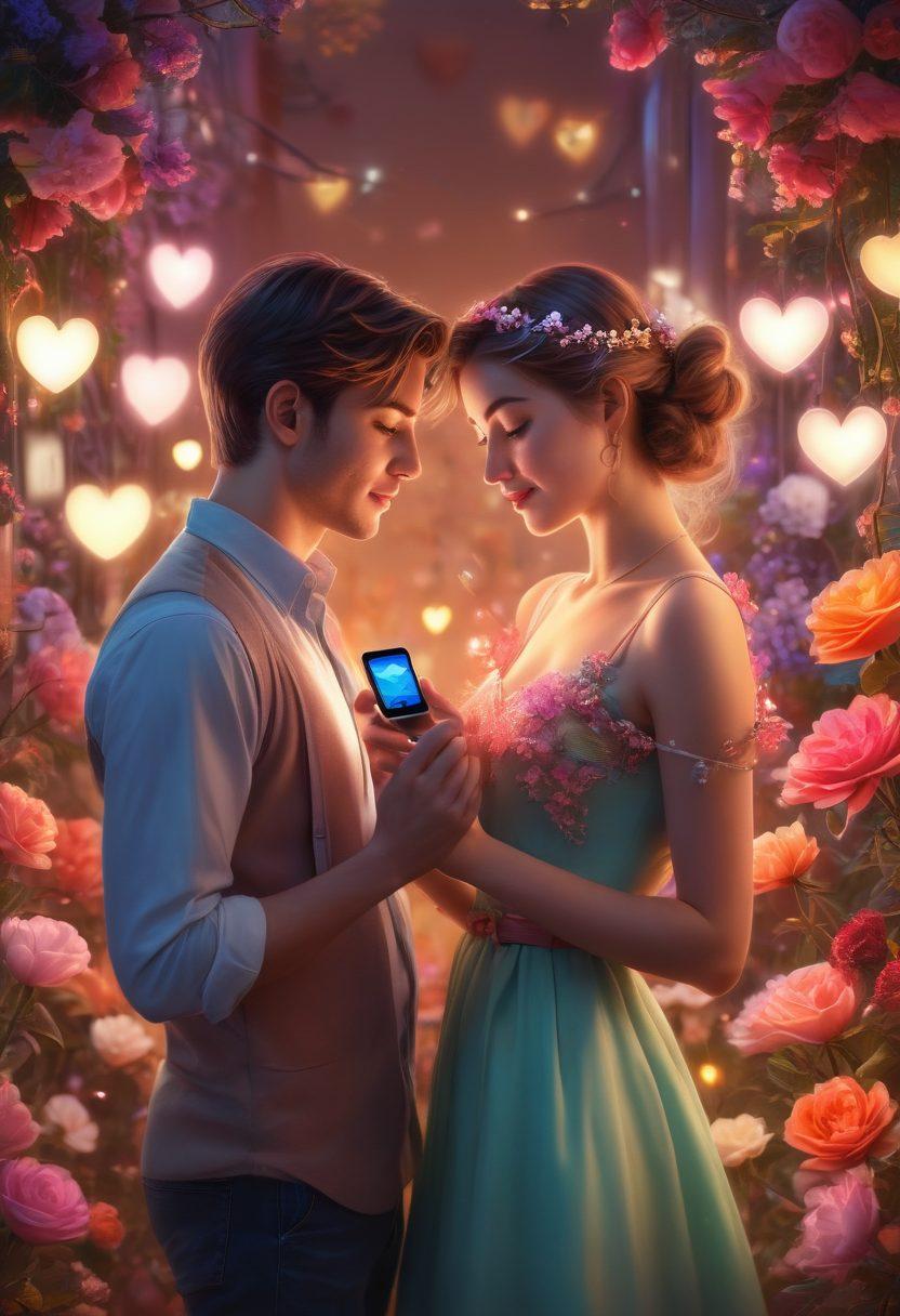 A whimsical scene blending modern gadgets like smartwatches and smartphones with romantic elements such as heart-shaped flowers and soft glowing fairy lights. In the background, a couple connecting over technology, gazing into each other's eyes with devices in hand. The atmosphere should feel warm and inviting, merging the worlds of technology and love seamlessly. vibrant colors. digital art.